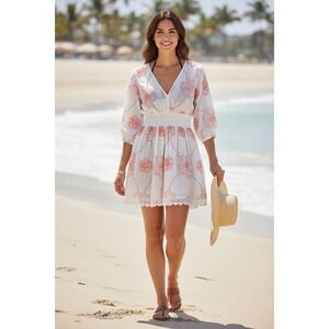 Dotti White Coral Floral Embroidered Smocked Waist Lace Trim Cover Up Dress